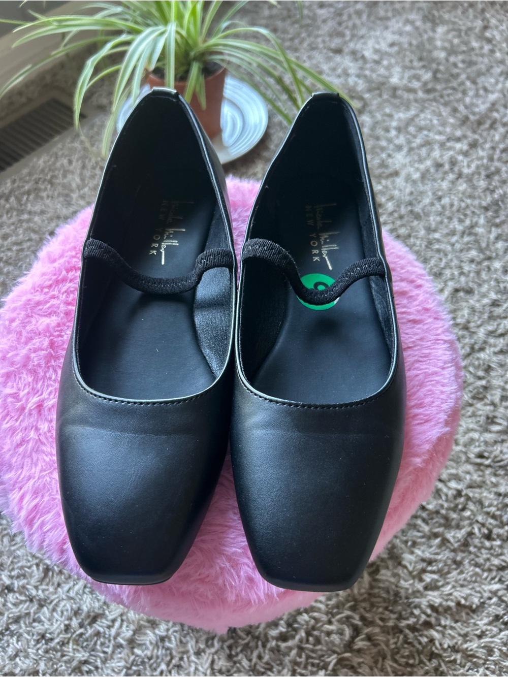 Nicole Miller Black Square-Toe Mary Jane Ballet Flats with Elastic Strap